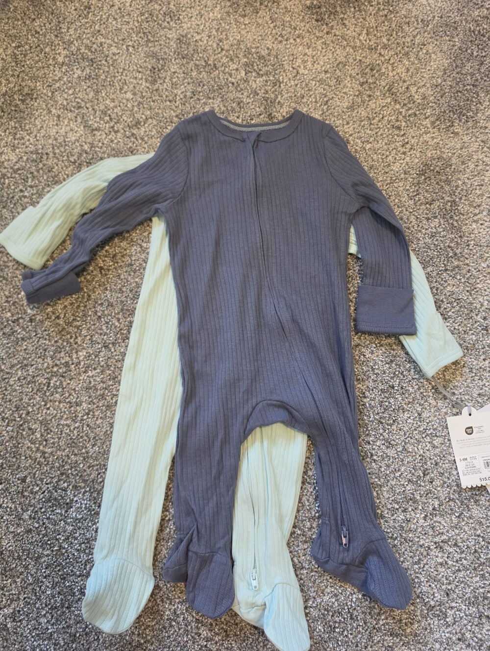 Cloud Island Long-Sleeve Ribbed Footed One-Piece in Slate Blue and Mint